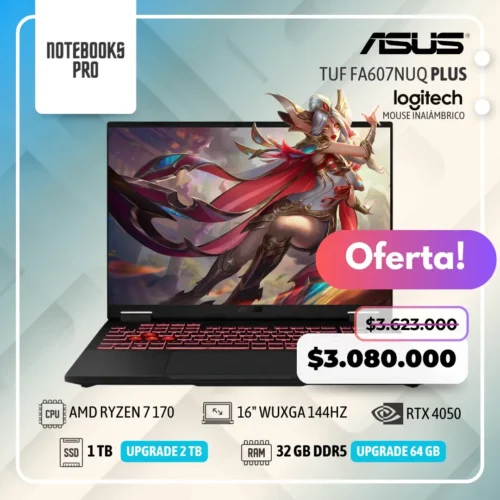 ASUS TUF FA607NUQ PLUS - AMD RYZEN 7 170 - SSD 1 TB - 32 GB RAM DDR5 - 16" WUXGA 144HZ - RTX 4050 - Teclado retroiluminado - 8 Núcleos