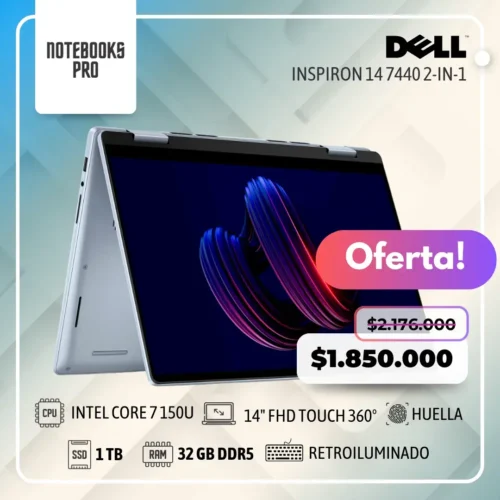 DELL INSPIRON 14 7440 2-IN-1 - INTEL CORE 7 150U - SSD 1 TB - 32 GB RAM DDR5 - 14" FHD Touch 360° - Teclado retroiluminado - Lector de huella - 10 núcleos