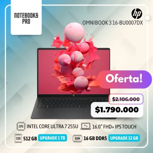 HP OMNIBOOK 3 16-BU0007DX - INTEL CORE ULTRA 7 255U - SSD 512 GB - 16 GB RAM DDR5 - 16.0” FHD+ IPS Touch  - 12 Núcleos