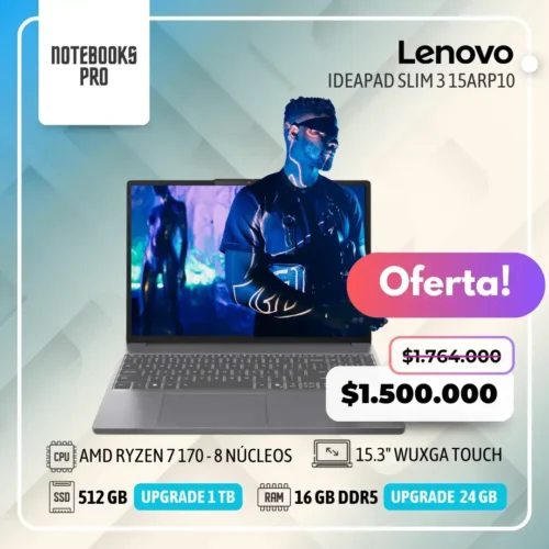 LENOVO IDEAPAD SLIM 3 15ARP10 - AMD RYZEN 7 170 - SSD 512 GB - 16 GB RAM DDR5 - 15.3" WUXGA Touch  - 8 Núcleos