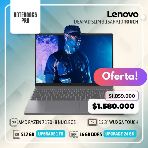 LENOVO IDEAPAD SLIM 3 15ARP10 - AMD RYZEN 7 170 - SSD 512 GB - 16 GB RAM DDR5 - 15.3" WUXGA Touch  - 8 Núcleos