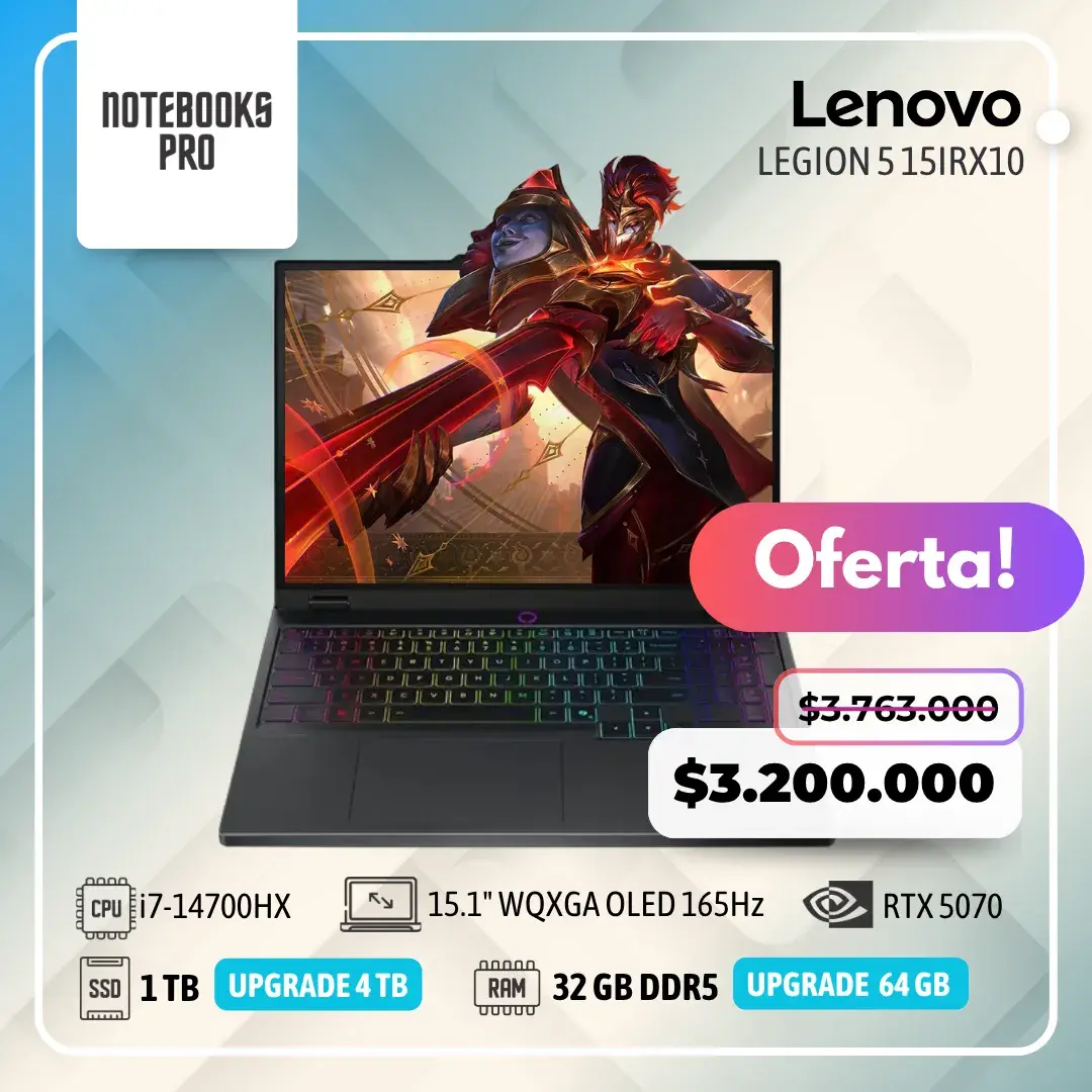 ENOVO LEGION 5 15IRX10 - i7-14700HX - SSD 1 TB - 32 GB RAM DDR5 - 15.1" WQXGA OLED 165Hz - RTX 5070 - Teclado retroiluminado - 20 Núcleos