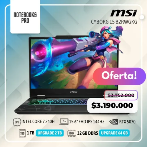 MSI CYBORG 15 B2RWGKG - Intel CORE 7 240H - SSD 1 TB - 32 GB RAM DDR5 - RTX 5070 - 15.6" FHD IPS 144Hz - Teclado Retroiluminado - 10 Núcleos