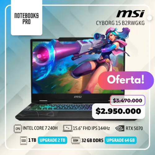 MSI CYBORG 15 B2RWGKG - Intel CORE 7 240H - SSD 1 TB - 32 GB RAM DDR5 - RTX 5070 - 15.6" FHD IPS 144Hz - Teclado Retroiluminado - 10 Núcleos