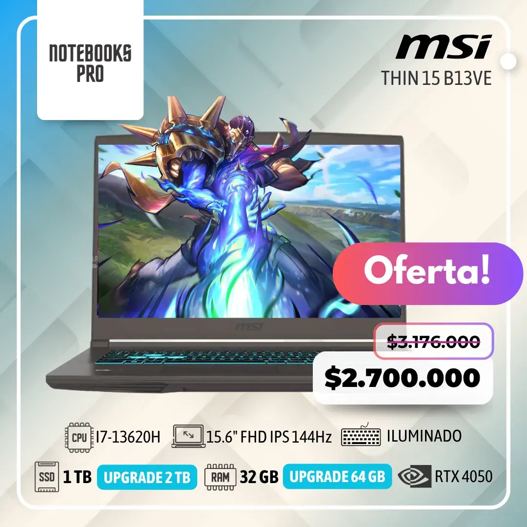 MSI THIN 15 B13VE - i7-13620H - SSD 1 TB - 32 GB RAM - RTX 4050 - 15.6" FHD IPS 144Hz - Teclado Retroiluminado - 10 Núcleos