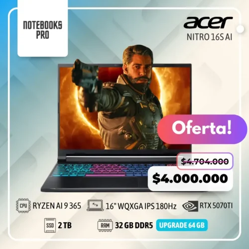ACER NITRO 16S AI - AMD RYZEN AI 9 365 - SSD 2 TB - 32 GB RAM DDR5 - RTX 5070ti - 16" WQXGA IPS 180Hz - 10 Núcleos - Teclado Retroiluminado