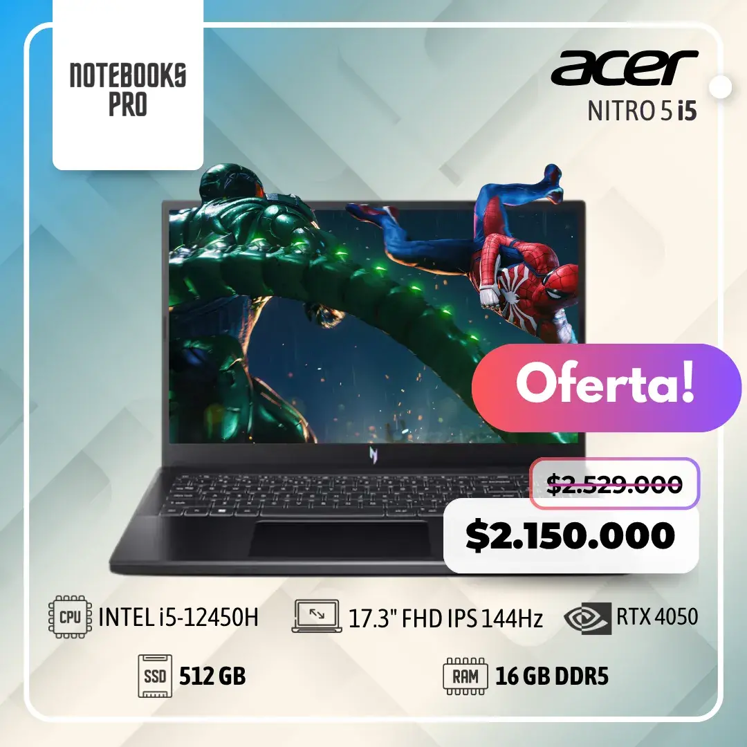 ACER NITRO 5 - i5-12450H - SSD 512 GB - 16 GB RAM DDR5- 17.3" FHD IPS 144Hz - RTX 4050 - Teclado Retroiluminado - 8 Núcleos