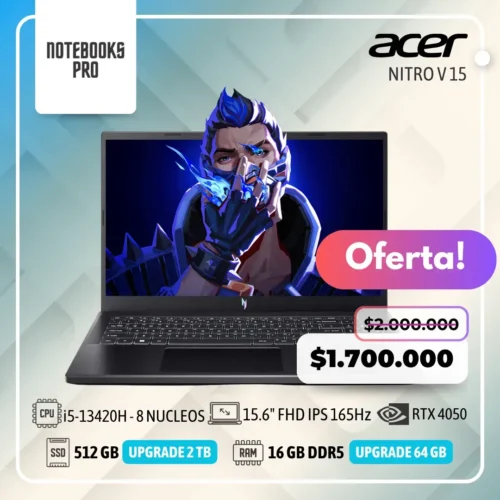 ACER NITRO V 15 - i5-13420H - SSD 512 GB - 16 GB RAM DDR5- 15.6" FHD IPS 165Hz - RTX 4050 - Teclado Retroiluminado - 8 Núcleos