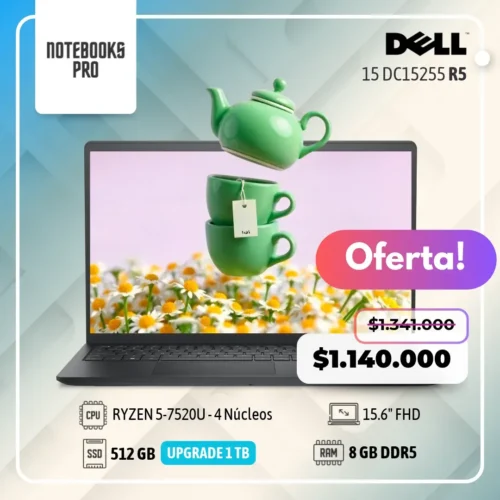 DELL 15 DC15255 - RYZEN 5 7520U - SSD 512 GB  - 8 GB RAM DDR5 - 15.6" FHD  - 4 Núcleos