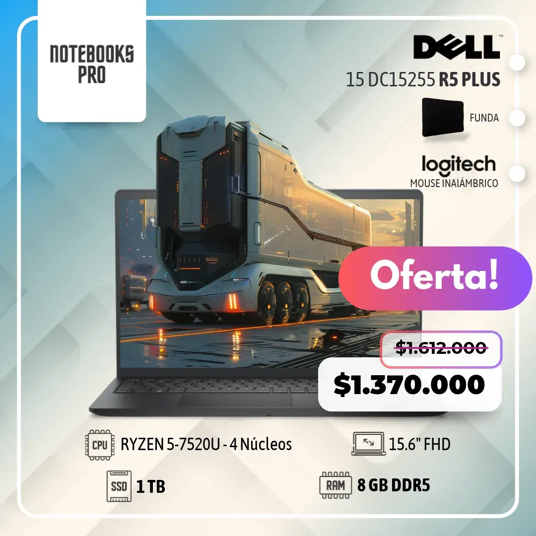 DELL 15 DC15255 PLUS - RYZEN 5 7520U - SSD 1 TB - 8 GB RAM DDR5 - 15.6" FHD - 4 Núcleos