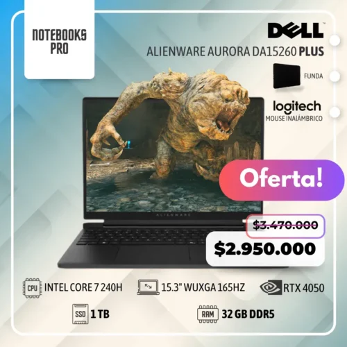 DELL ALIENWARE AURORA DA15260 PLUS - Intel Core 7 240H - SSD 1 TB- 32 GB RAM DDR5 - RTX 4050 - 15.3" WUXGA 165Hz - Teclado Retroiluminado - 10 Núcleos