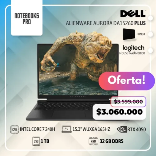 DELL ALIENWARE AURORA DA15260 PLUS - Intel Core 7 240H - SSD 1 TB- 32 GB RAM DDR5 - RTX 4050 - 15.3" WUXGA 165Hz - Teclado Retroiluminado - 10 Núcleos