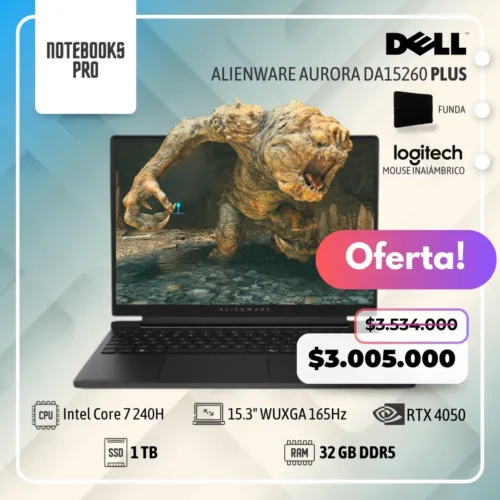 DELL ALIENWARE AURORA DA15260 PLUS - Intel Core 7 240H - SSD 1 TB- 32 GB RAM DDR5 - RTX 4050 - 15.3" WUXGA 165Hz - Teclado Retroiluminado - 10 Núcleos