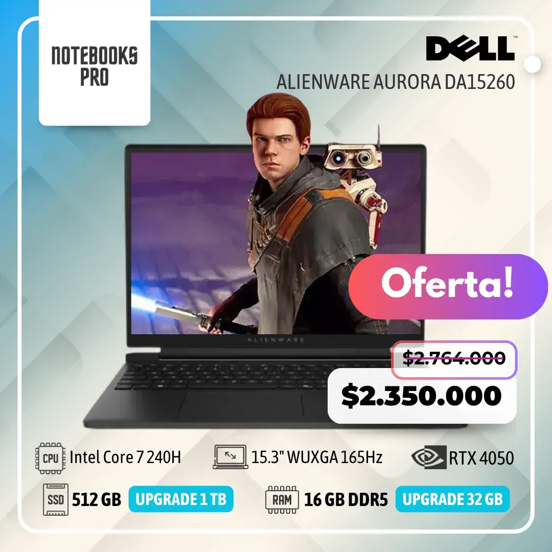 DELL ALIENWARE AURORA DA15260 - Intel Core 7 240H - SSD 512 GB- 16 GB RAM DDR5 - RTX 4050 - 15.3" WUXGA 165Hz - Teclado Retroiluminado - 10 Núcleos