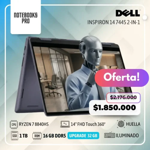 DELL INSPIRON 14 7445 2-IN-1 - RYZEN 7 8840HS - SSD 1 TB - 16 GB RAM DDR5 - 14" FHD Touch 360° - Teclado retroiluminado - Lector de huella -8 núcleos