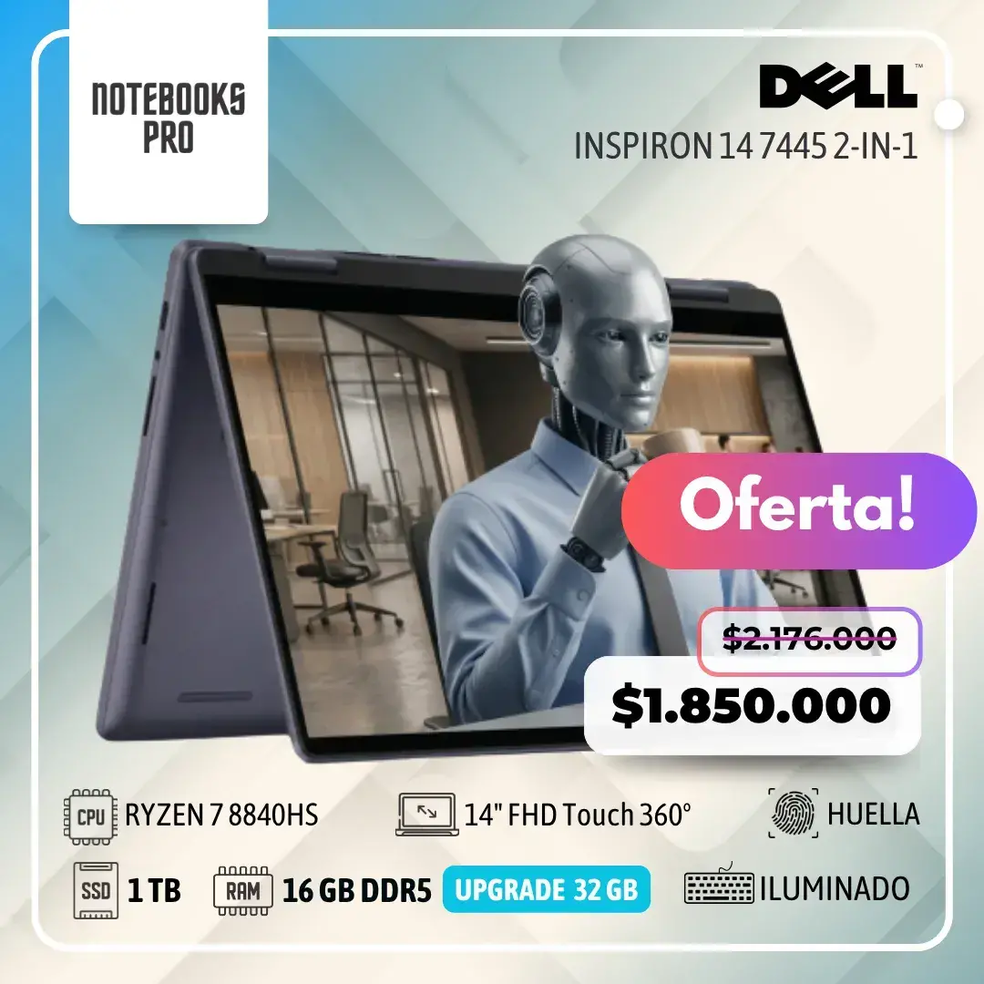DELL INSPIRON 14 7445 2-IN-1 - RYZEN 7 8840HS - SSD 1 TB - 16 GB RAM DDR5 - 14" FHD Touch 360° - Teclado retroiluminado - Lector de huella -8 núcleos