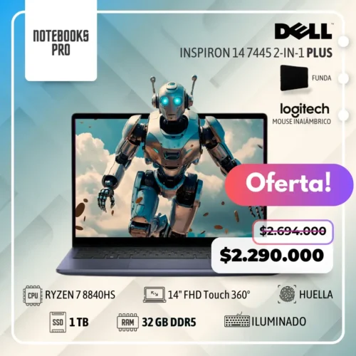 DELL INSPIRON 14 7445 2-IN-1 PLUS - RYZEN 7 8840HS - SSD 1 TB - 32 GB RAM DDR5 - 14" FHD Touch 360° - Teclado retroiluminado - Lector de huella -8 núcleos