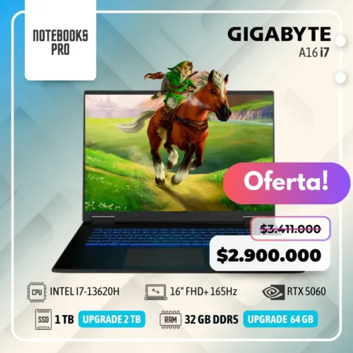 GIGABYTE A16 - i7-13620H - SSD 1 TB - 32 GB RAM DDR5 - 16" FHD+ 165Hz - RTX 5060 - Teclado Retroiluminado - 10 núcleos