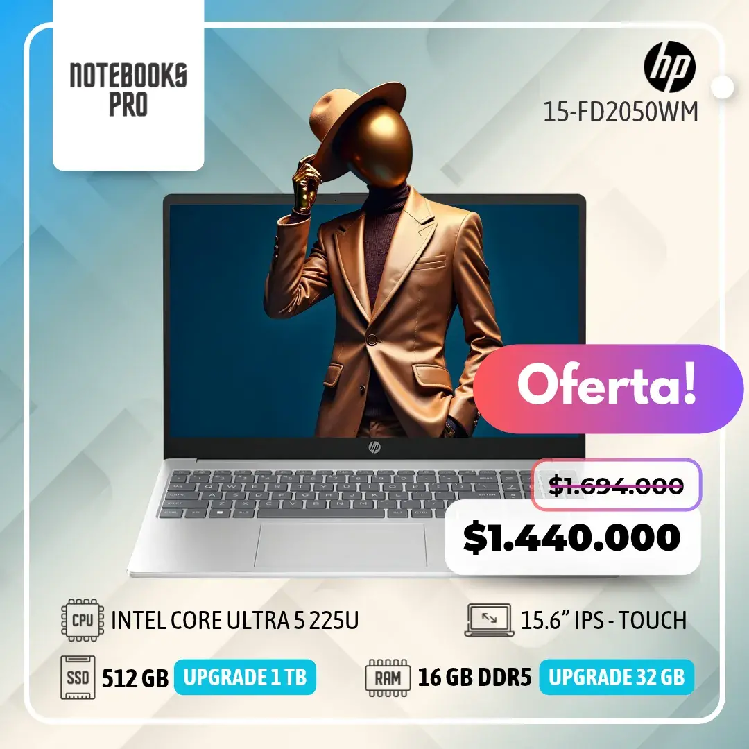 HP 15-FD2050WM - INTEL CORE ULTRA 5 225U - SSD 512 GB - 16 GB RAM DDR5 - 15.6” IPS - Touch - 12 Núcleos