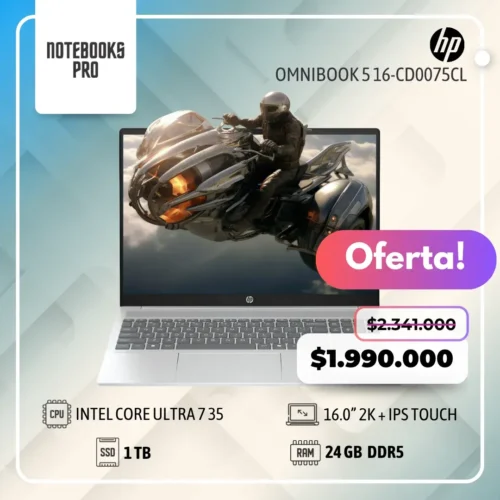 HP OMNIBOOK 5 16-CD0075CL - INTEL CORE ULTRA 7 355 - SSD 1 TB - 24 GB RAM DDR5 - 16.0” 2K + IPS Touch  - 8 Núcleo