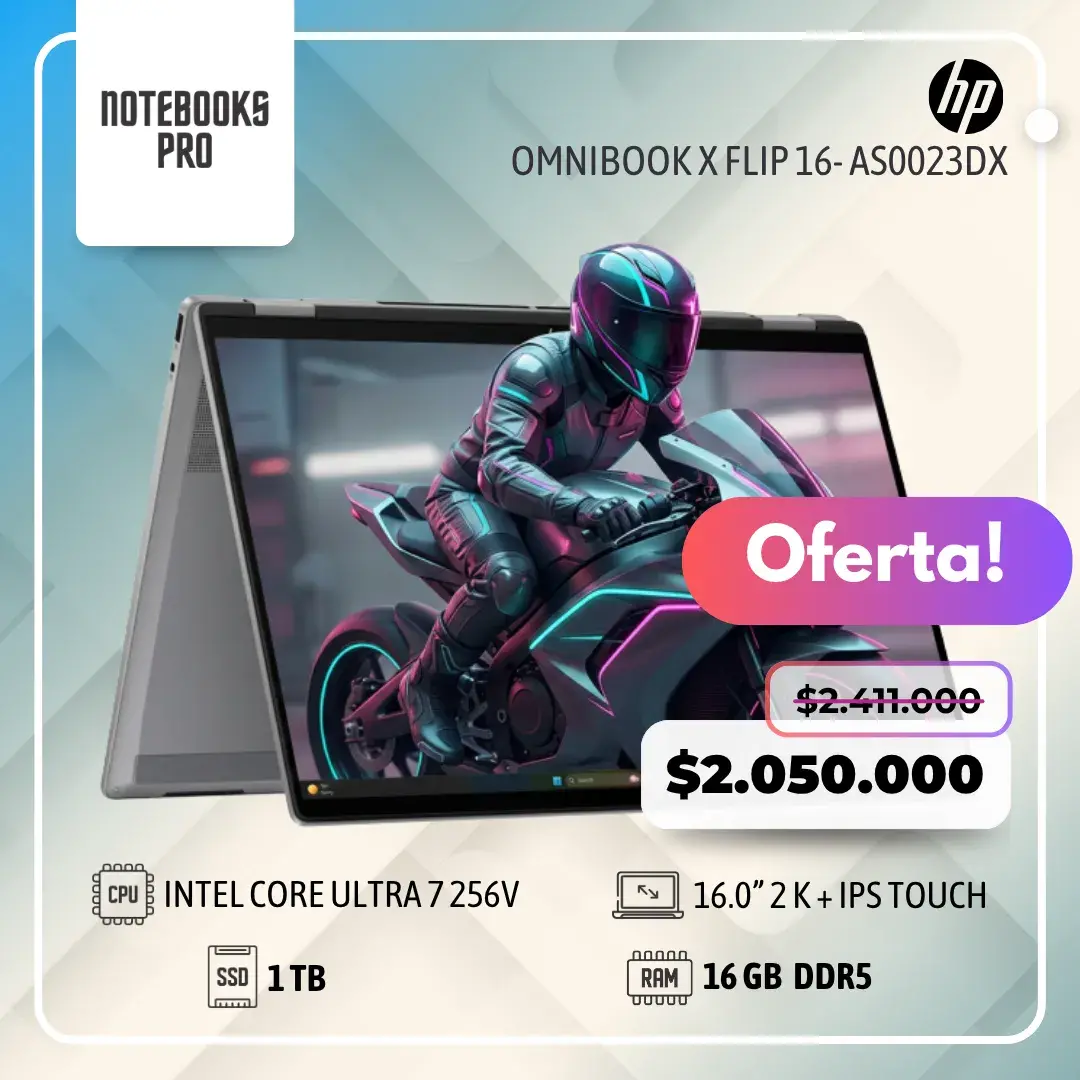 HP OMNIBOOK X FLIP 16- AS0023DX - INTEL CORE ULTRA 7 256V - SSD 1 TB - 16 GB RAM DDR5 - 16.0” 2 K + IPS Touch - 8 Núcleos