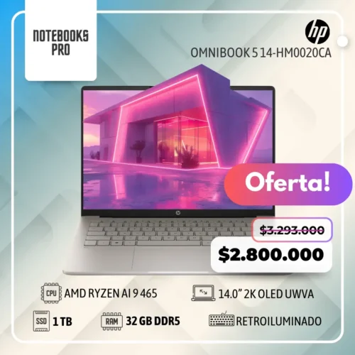 HP OmniBook 5 14-HM0020CA - AMD RYZEN AI 9 465  - SSD 1 TB - 32 GB RAM DDR5 - 14.0” 2K OLED UWVA - Teclado retroiluminado - 10 Núcleos