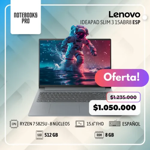 LENOVO IDEAPAD SLIM 3 15ABR8 – RYZEN 7 5825U – SSD 512 GB – 8 GB RAM – 15.6″ FHD – 8 núcleos- Teclado Español