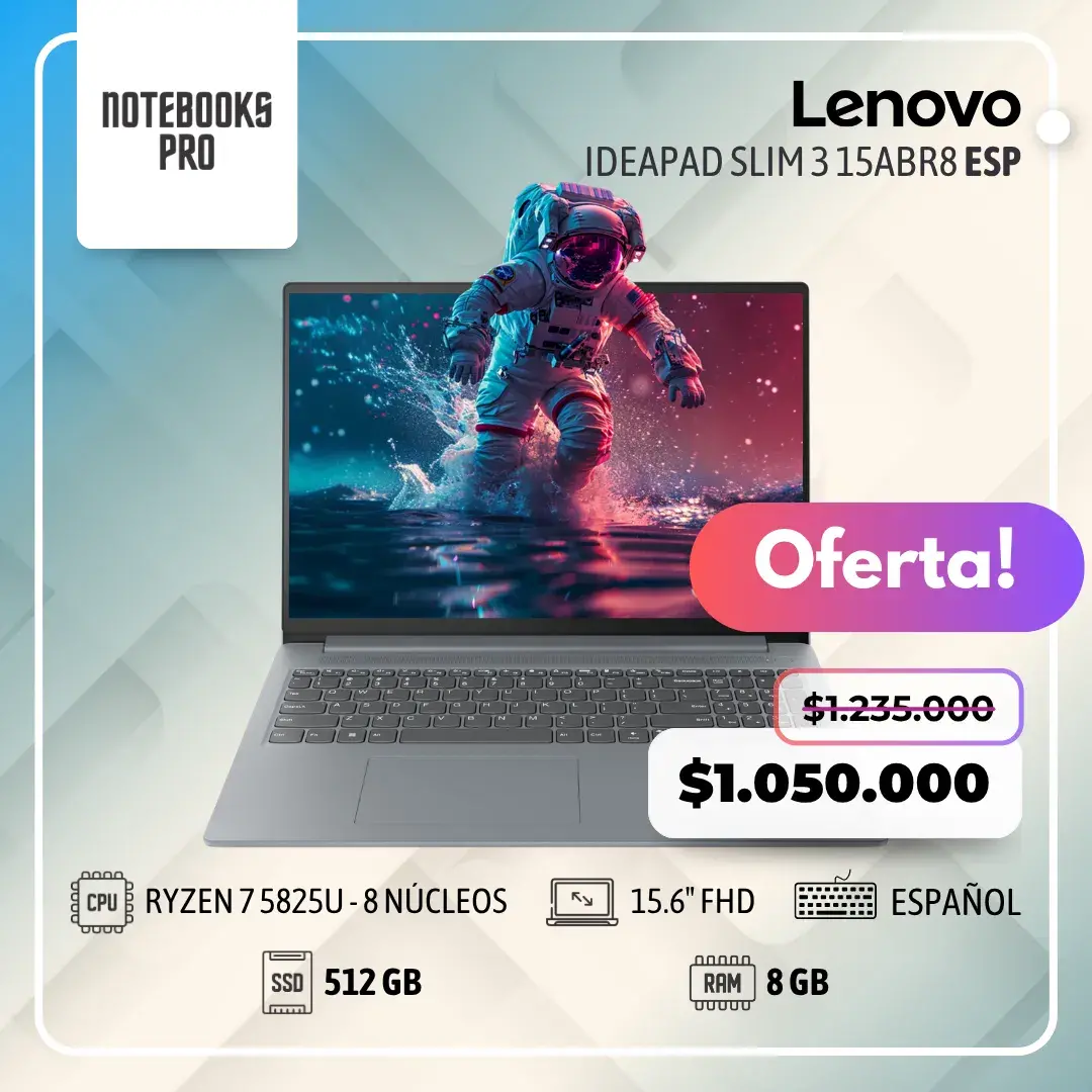 LENOVO IDEAPAD SLIM 3 15ABR8 – RYZEN 7 5825U – SSD 512 GB – 8 GB RAM – 15.6″ FHD – 8 núcleos- Teclado Español
