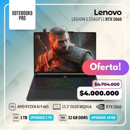 LENOVO LEGION 5 15AGP11 - AMD RYZEN AI 9 465 - SSD 1TB - 32 GB RAM DDR5 - 15.3" OLED WQXGA - RTX 5060 - 10 Núcleos