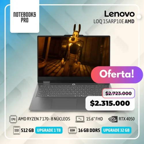 LENOVO LOQ 15ARP10E -AMD RYZEN 7 170 - SSD 512 GB - 16 GB RAM DDR5 - 15.6" FHD  - RTX 4050 - Teclado retroiluminado - 8 núcleos