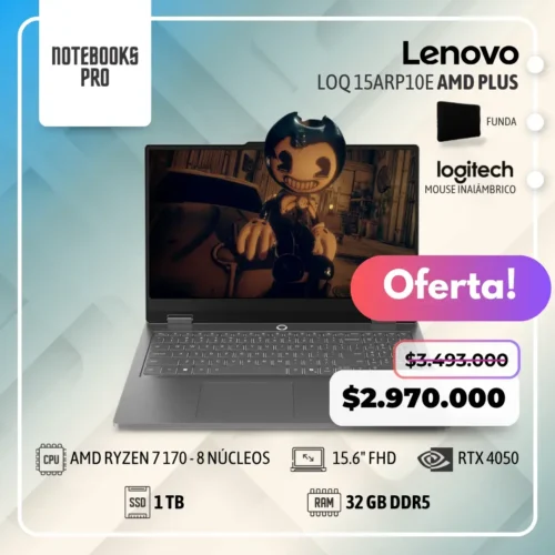 LENOVO LOQ 15ARP10E PLUS - AMD RYZEN 7 170 - SSD 1 TB - 32 GB RAM DDR5 - 15.6" FHD - RTX 4050 - Teclado retroiluminado - 8 núcleos