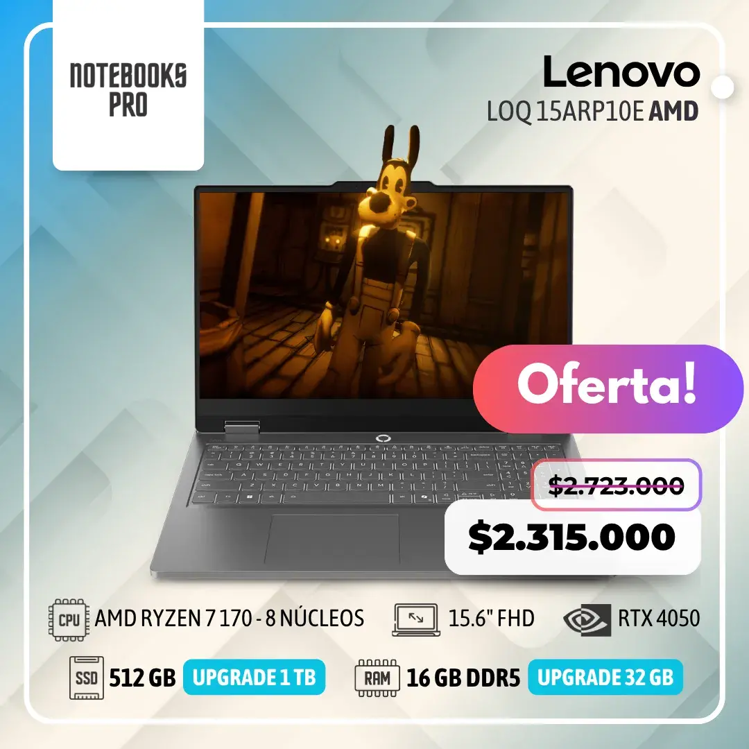 LENOVO LOQ 15ARP10E -AMD RYZEN 7 170 - SSD 512 GB - 16 GB RAM DDR5 - 15.6" FHD - RTX 4050 - Teclado retroiluminado - 8 núcleos
