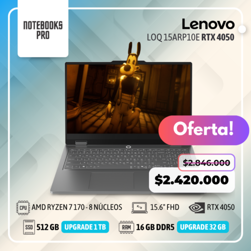 LENOVO LOQ 15ARP10E - AMD RYZEN 7 170 - SSD 512 GB - 16 GB RAM DDR5 - 15.6" FHD - RTX 4050 - Teclado retroiluminado - 8 núcleos