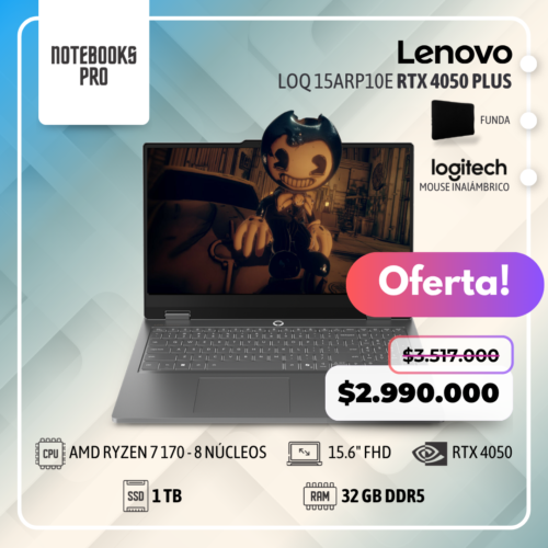 LENOVO LOQ 15ARP10E PLUS - AMD RYZEN 7 170 - SSD 1 TB - 32 GB RAM DDR5 - 15.6" FHD - RTX 4050 - Teclado retroiluminado - 8 núcleos