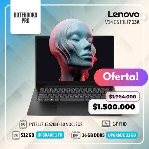 LENOVO V14 G5 IRL – i7 -13620H – SSD 512 GB – 16 GB RAM DDR5 – 14″ FHD-10 núcleos