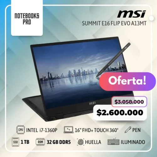 MSI SUMMIT E16 FLIP EVO A13MT - i7-1360P - SSD 1TB - 32 GB RAM DDR5 - 16" FHD+ Touch 360° - Teclado retroiluminado - Lector de huella - Pen - 12 núcleos