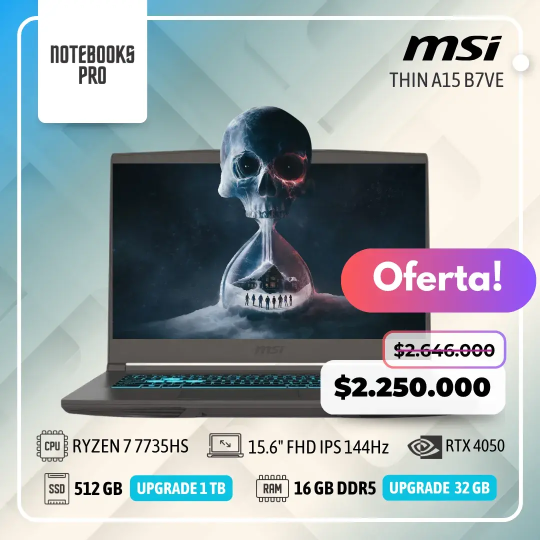 MSI THIN A15 B7VE - RYZEN 7 7735HS - SSD 512 GB - 16 GB RAM DDR5 - RTX 4050 - 15.6" FHD IPS 144Hz - Teclado Retroiluminado - 8 Núcleos