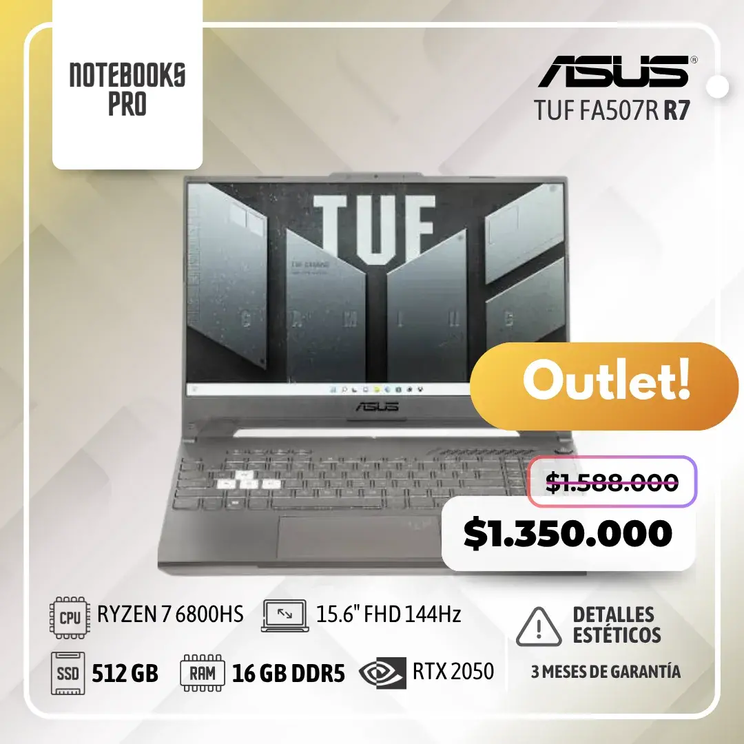 (OUTLET) ASUS TUF FA507R - RYZEN 7 6800HS - SSD 512 GB - 16 GB RAM DDR5 - 15.6" FHD 144Hz - RTX 2050