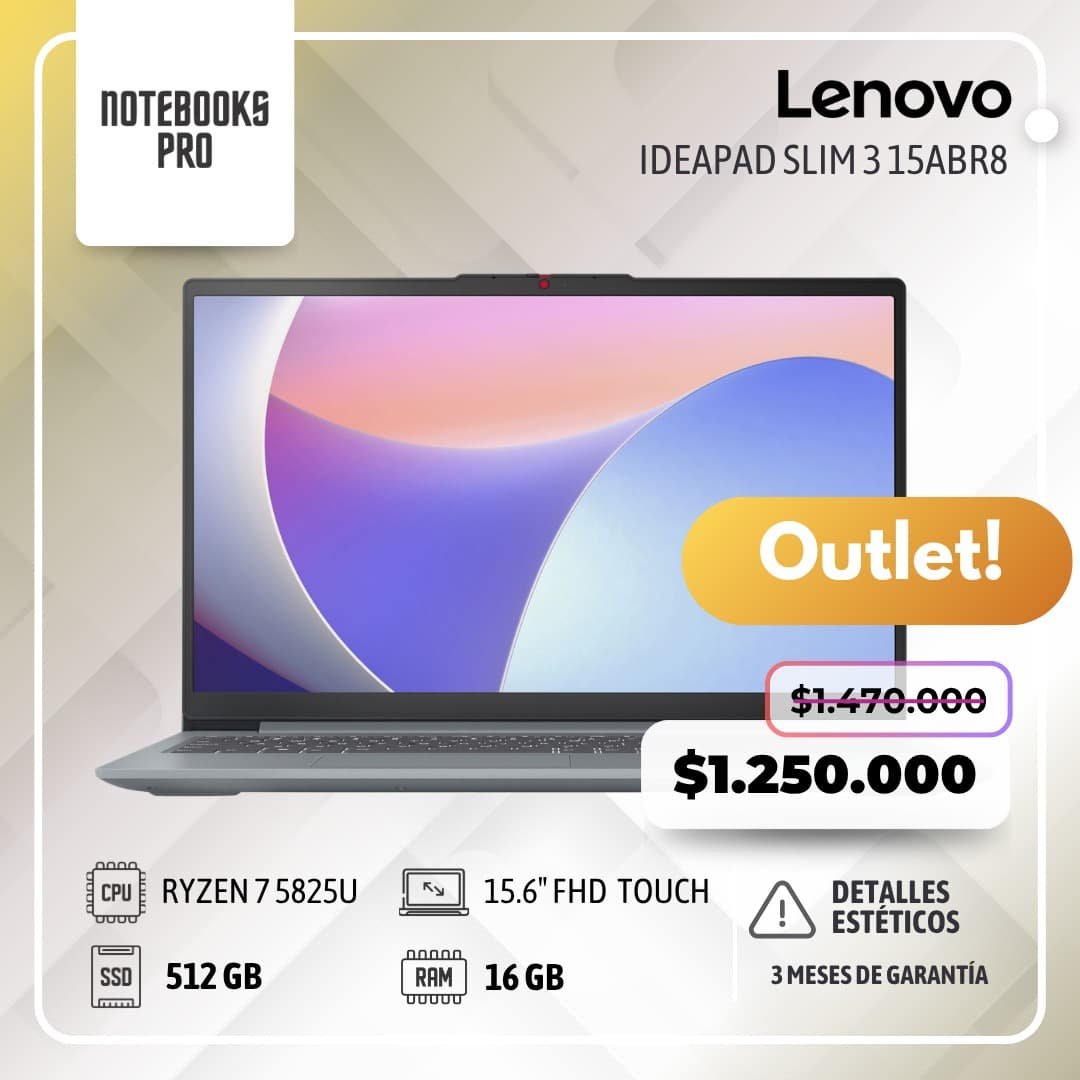(OUTLET) LENOVO IDEAPAD SLIM 3 15ABR8 - RYZEN 7 5825U - SSD 512 GB - 16 GB RAM - 15.6" FHD Touch - 8 núcleos