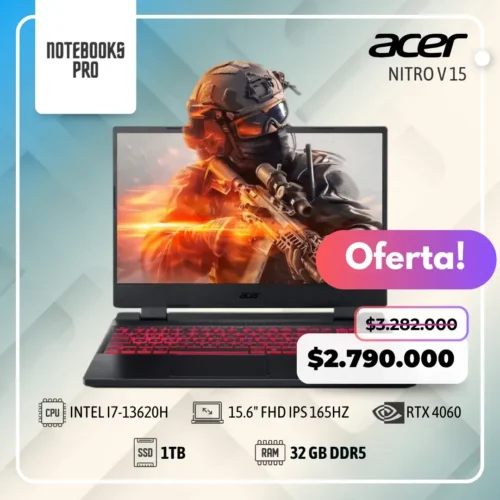 ACER NITRO V 15 - i7-13620H - SSD 1TB - 32 GB RAM DDR5 - 15.6" FHD IPS 165hz - RTX 4060 - Teclado retroiluminado - 10 núcleos