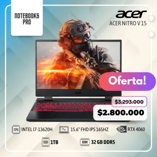 ACER NITRO V 15 - i7-13620H - SSD 1TB - 32 GB RAM DDR5 - 15.6" FHD IPS 165hz - RTX 4060 - Teclado retroiluminado - 10 núcleos