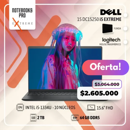 DELL 15 DC15250 EXTREME – i5-1334U – 2 TB SSD – 64 GB RAM DDR5– 15.6″ FHD - 10 Núcleos