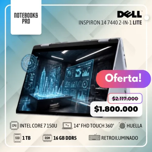 DELL INSPIRON 14 7440 2-IN-1 - INTEL CORE 7 150U - SSD 1 TB - 16 GB RAM DDR5 - 14" FHD Touch 360° - Teclado retroiluminado - Lector de huella - 10 núcleos
