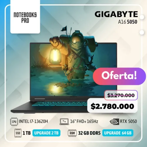 GIGABYTE A16 - i7-13620H - SSD 1 TB - 32 GB RAM DDR5 - 16" FHD+ 165Hz - RTX 5050 - Teclado Retroiluminado - 10 núcleos