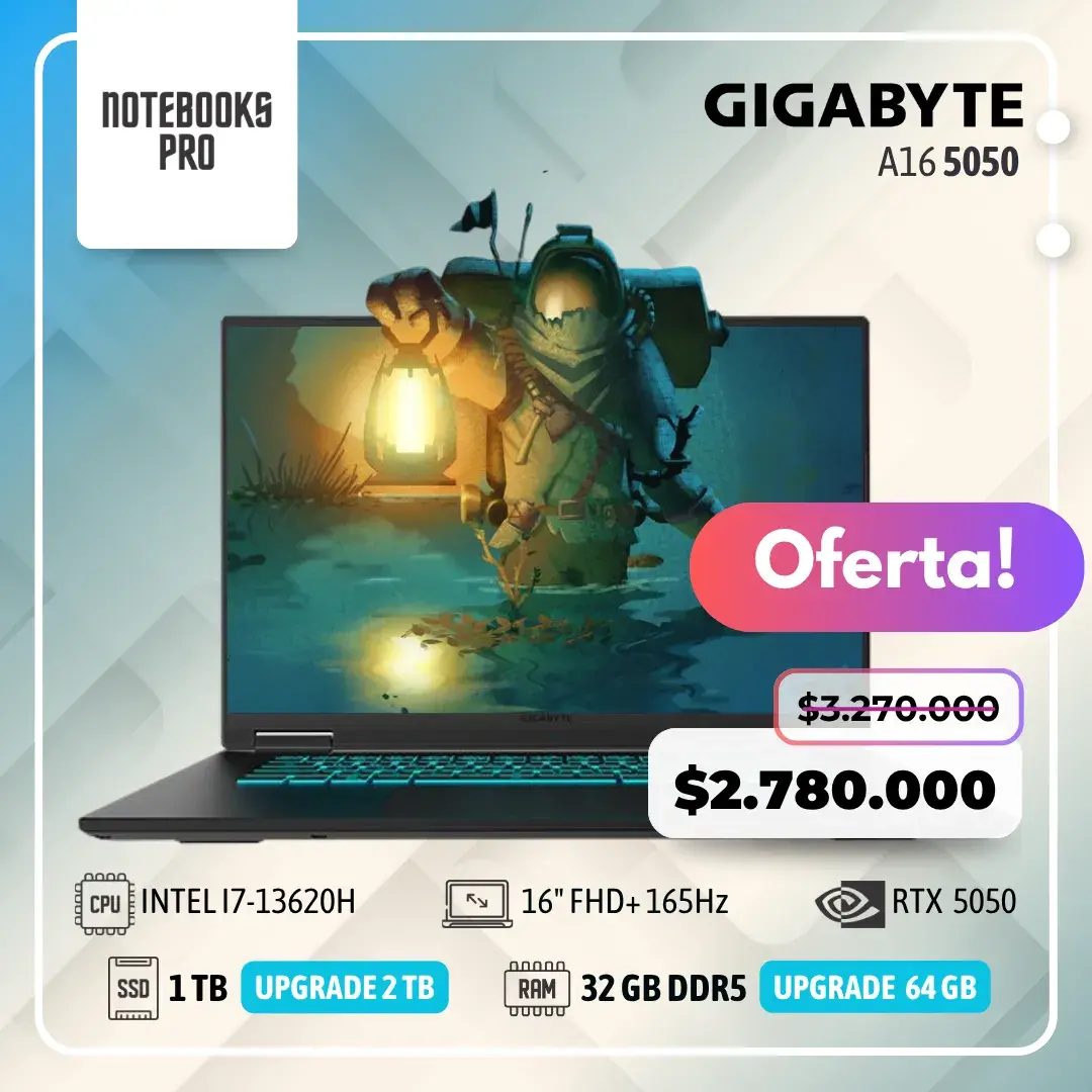 GIGABYTE A16 - i7-13620H - SSD 1 TB - 32 GB RAM DDR5 - 16" FHD+ 165Hz - RTX 5050 - Teclado Retroiluminado - 10 núcleos