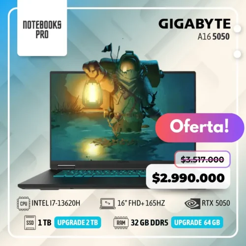 GIGABYTE A16 - i7-13620H - SSD 1 TB - 32 GB RAM DDR5 - 16" FHD+ 165Hz - RTX 5050 - Teclado Retroiluminado - 10 núcleos