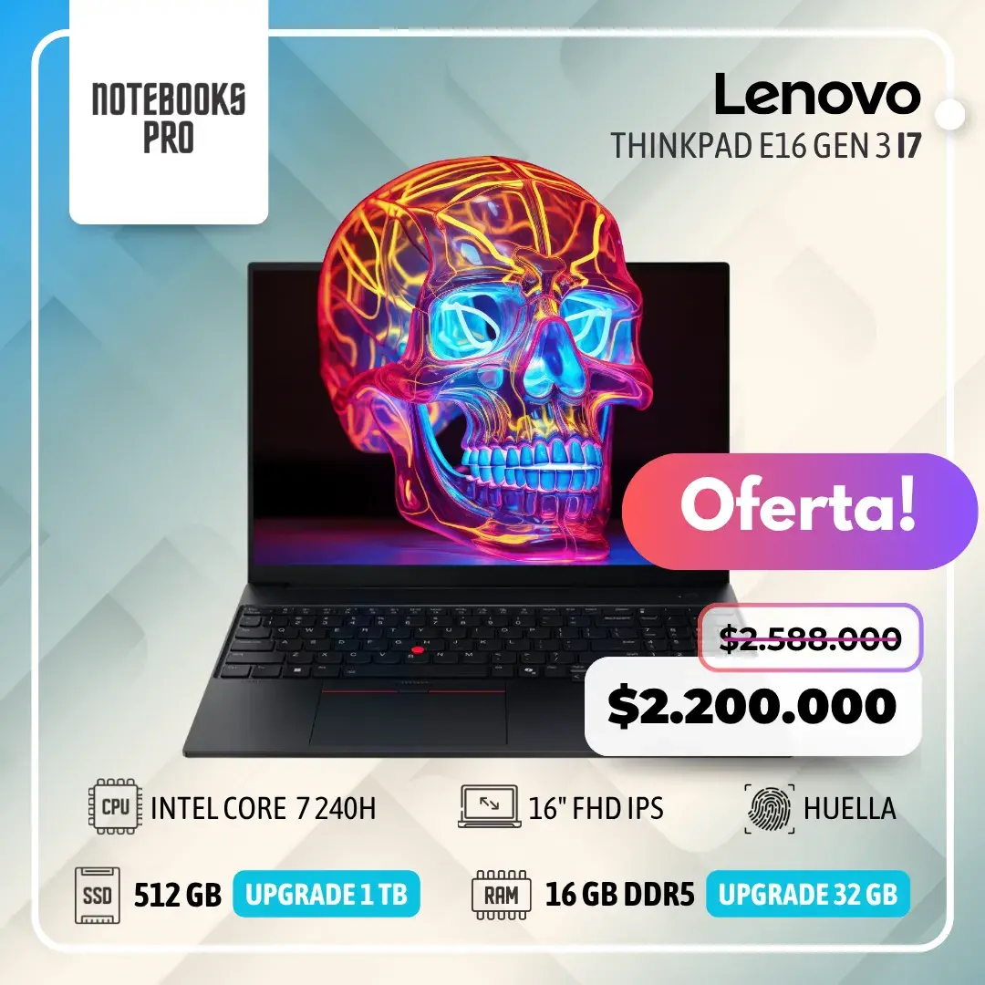 LENOVO THINKPAD E16 GEN 3 - INTEL CORE 7 240H - SSD 512 GB - 16 GB RAM DDR5 - 16" FHD IPS - Teclado Retroiluminado - Lector de Huella - 10 núcleos