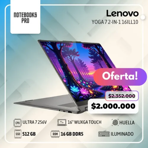 LENOVO YOGA 7 2-in-1 16ILL10 - ULTRA 7 256V - SSD 512 GB - 16 GB RAM DDR5 - 16" WUXGA Touch - Teclado retroiluminado - Lector de huella - 8 núcleos