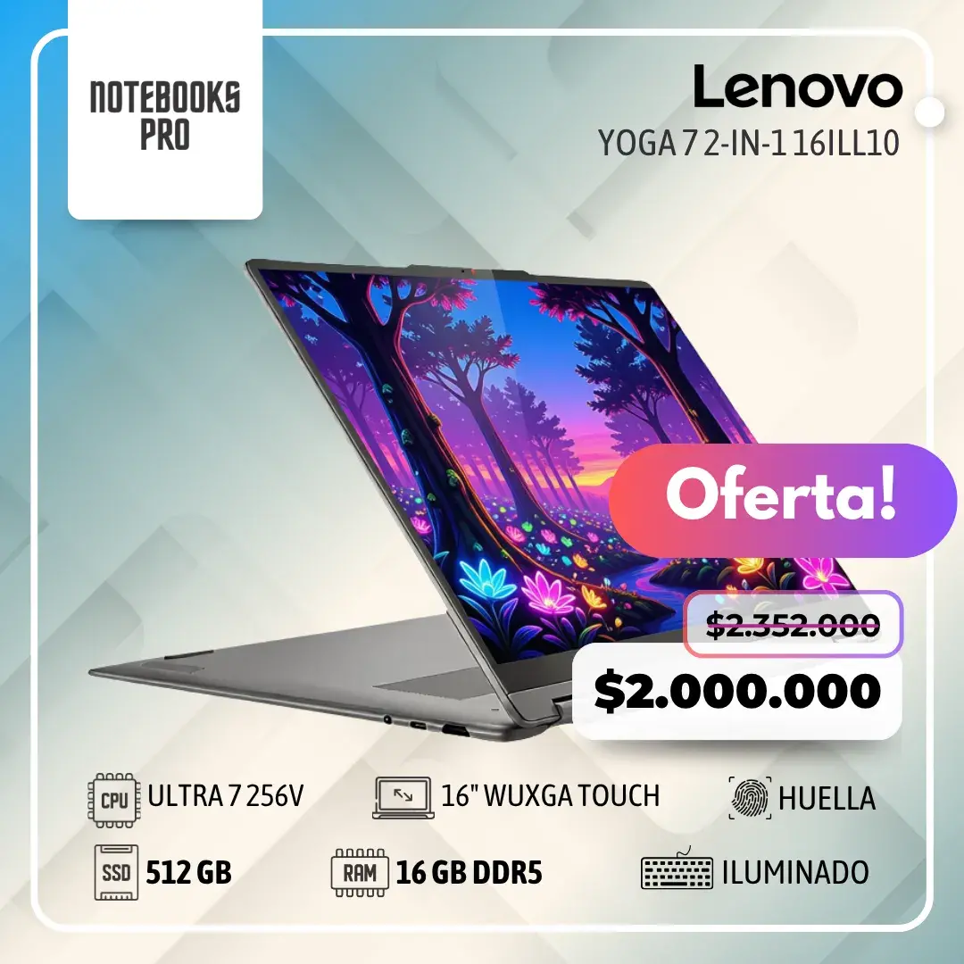LENOVO YOGA 7 2-in-1 16ILL10 - ULTRA 7 256V - SSD 512 GB - 16 GB RAM DDR5 - 16" WUXGA Touch - Teclado retroiluminado - Lector de huella - 8 núcleos