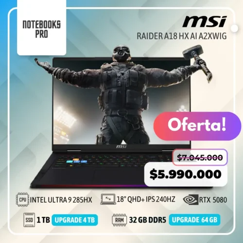 MSI RAIDER A18 HX AI A2XWIG - CORE ULTRA 9 285HX - SSD 1 TB - 32 GB RAM DDR5 - RTX 5080  - 18" QHD+ IPS 240Hz - Teclado Retroiluminado - 24 Núcleo